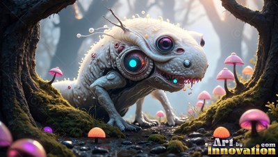 A pale little lizard creature creeps past bright pink mushrooms in a dim forest