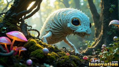 In a sunny forest, a pale spiny creature crawls past pink mushrooms