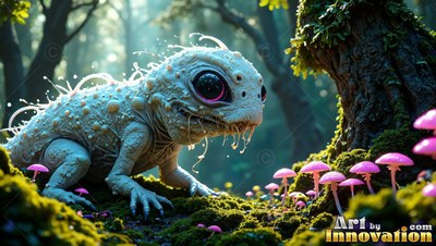 Crawling on mossy ground, a pale spiny critter looks toward pink mushrooms