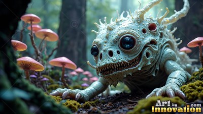 A pale spiky creature crawls near pink mushrooms