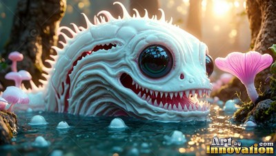 Pointed white spines line a pale monster wading in water near pink mushrooms