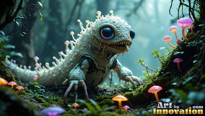 A spiny white reptile crawls past pink mushrooms under soft woodland light