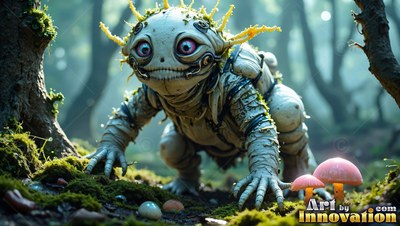 Crouched on mossy ground, a pale horned creature crawls in a forest