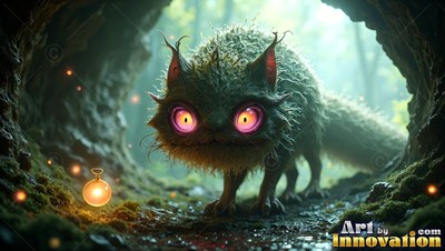 A fuzzy green critter with wide pink eyes stands inside a hollow log near a tiny lantern