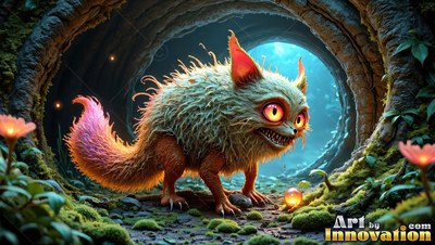 In a mossy tree hollow, a fuzzy creature with wide yellow eyes grins