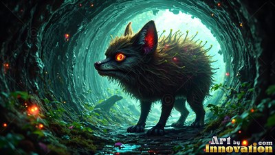 Pausing in a dark mossy tunnel, a spiny fox-like creature looks back with bright orange eyes