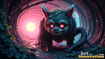 A hairy gray creature crawls through a dark tunnel into pink light