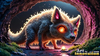 Bright orange eyes shine on a furry creature crawling out of a dark tree hollow