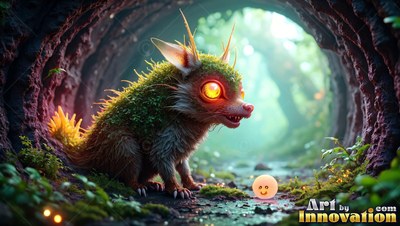 A mossy spiky creature crouches inside a hollow log looking at a bright orange ball