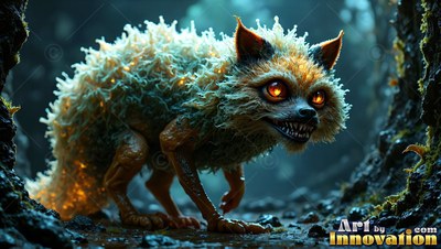 Creeping through a dark forest, a fuzzy creature walks with bright orange eyes