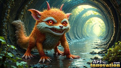 A furry orange critter creeps through a damp tunnel into sunlight