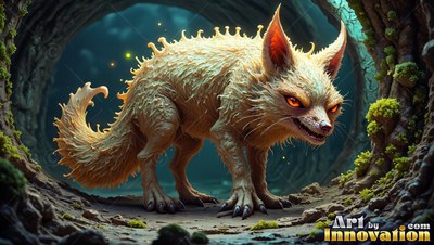 Inside a hollow tree, a spiky cream fox creature with orange eyes creeps forward