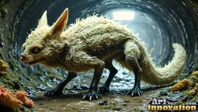 Prowling through a dark pipe, a pale fuzzy reptile creature looks forward