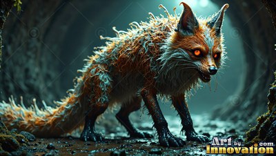 A spiky orange fox stands on wet ground inside a dark tunnel