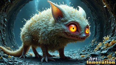 Huge round yellow eyes stare out from a fuzzy cream critter inside a dark tunnel