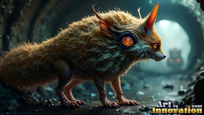 A fuzzy fox creature creeps through a dark tunnel lit by bright yellow eyes