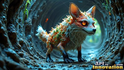 Crouched low in an earthy tunnel, a small orange fox creature looks forward