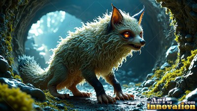 A fuzzy pale fox with orange eyes sneaks out of a dark dirt tunnel into soft blue light