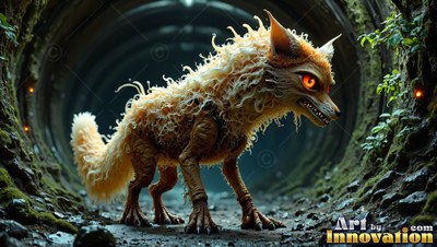 In a dark stone tunnel, a spiny yellow fox creeps along the dirt ground