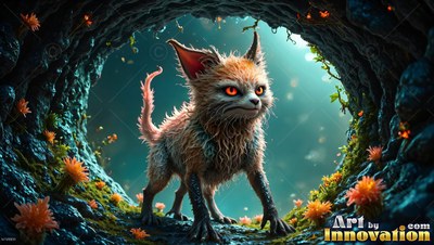 Prowling inside a dark cave, a small spiky critter stares forward with orange eyes