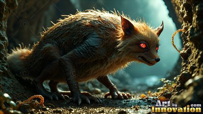 A fox creature with red eyes crouches in a dirt tunnel
