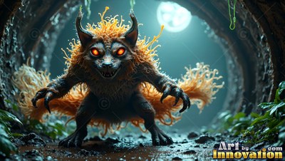 Spiky orange fur tops a crouching wolf-like beast inside a dark circular tunnel with a moon behind it