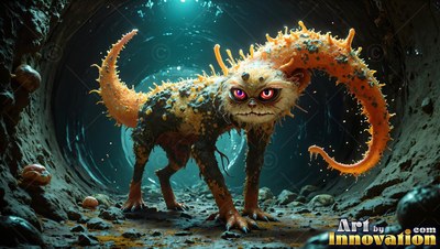 A spiky orange critter stands in a dark tunnel, illuminated by blue light behind it