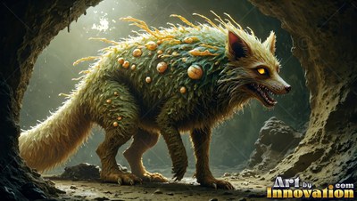Prowling sideways in a dark cave, a spiny green fox steps into soft light
