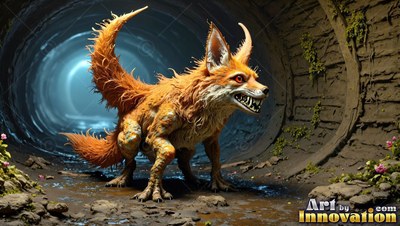 A spiky orange fox monster snarling inside a muddy circular stone tunnel