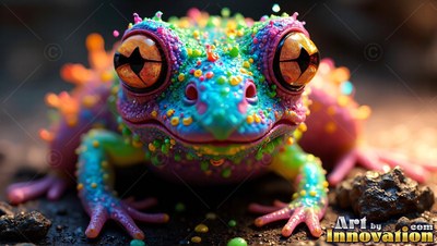 On the dark ground, a colorful spotted frog rests with wide orange eyes