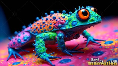 Crawling across bright pink ground, a bumpy colorful frog stares with large orange eyes