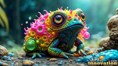 Colorful bumpy frog sitting on the ground with big eyes