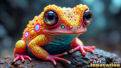 Bright pink spots dot a bumpy yellow frog with huge dark eyes perched on a rock