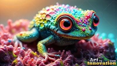 A colorful frog perches on pink coral in soft sunlight