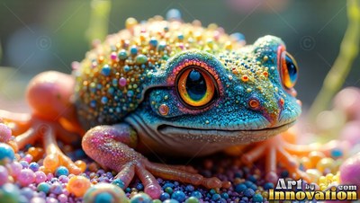 Crouching low on tiny beads, a blue and yellow frog rests in soft light