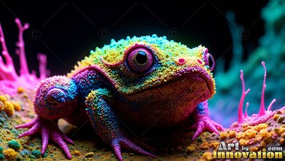 A bumpy rainbow frog with big dark eyes crouches near bright pink plants