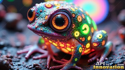 On dark ground, a small frog rests with bright spotted skin and large eyes