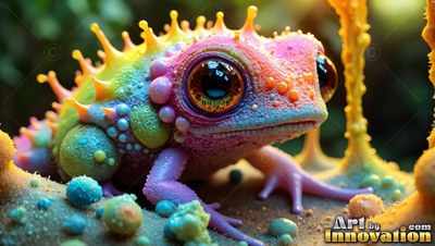 Crouching on sandy ground, a spiky rainbow frog looks forward with big dark eyes