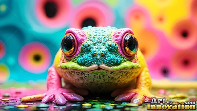 A colorful bumpy frog sits facing forward with large dark eyes