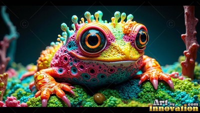 Spotted skin covers a tiny colorful frog sitting on dark green moss in dim light