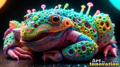 A spotted frog crouches low, covered in bright pink and teal mushroom stalks