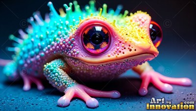 Crouched low on dark ground, a spiky frog rests with wide eyes and yellow skin