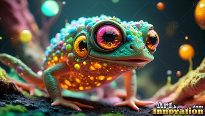 A little bumpy green lizard with big orange eyes sits near floating colored balls