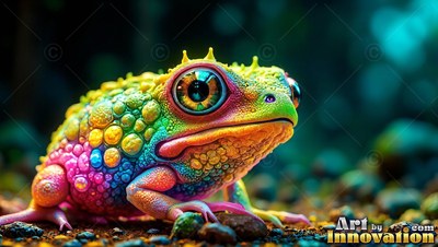 On dark forest ground, a bumpy frog rests with rainbow skin and big dark eyes