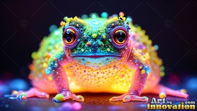 Sitting forward, a colorful frog with large dark eyes is covered in bright round bumps