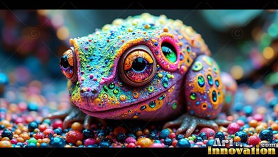 A colorful spotted toad with large eyes sits on tiny round beads
