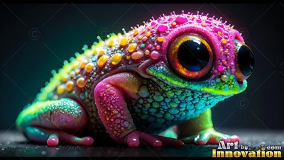 Spotted with pink and yellow bumps, a tiny frog rests on a dark surface in soft light