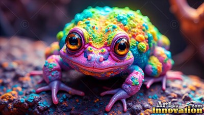 A bumpy colorful frog rests on the ground, covered in bright yellow and pink skin patches