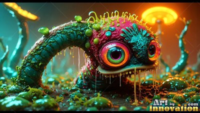 Curving forward in a dark forest, a green worm creature with huge eyes drips slime
