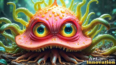 A round pink creature with big eyes and tentacles sits in a leafy forest